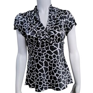 Heart Soul Womens Giraffe Print Ruffle V-Neck Satin Blouse Black White Medium
